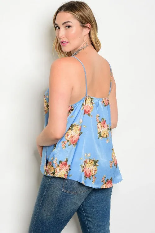 Blue Floral Crossed Neckline Plus Size Top