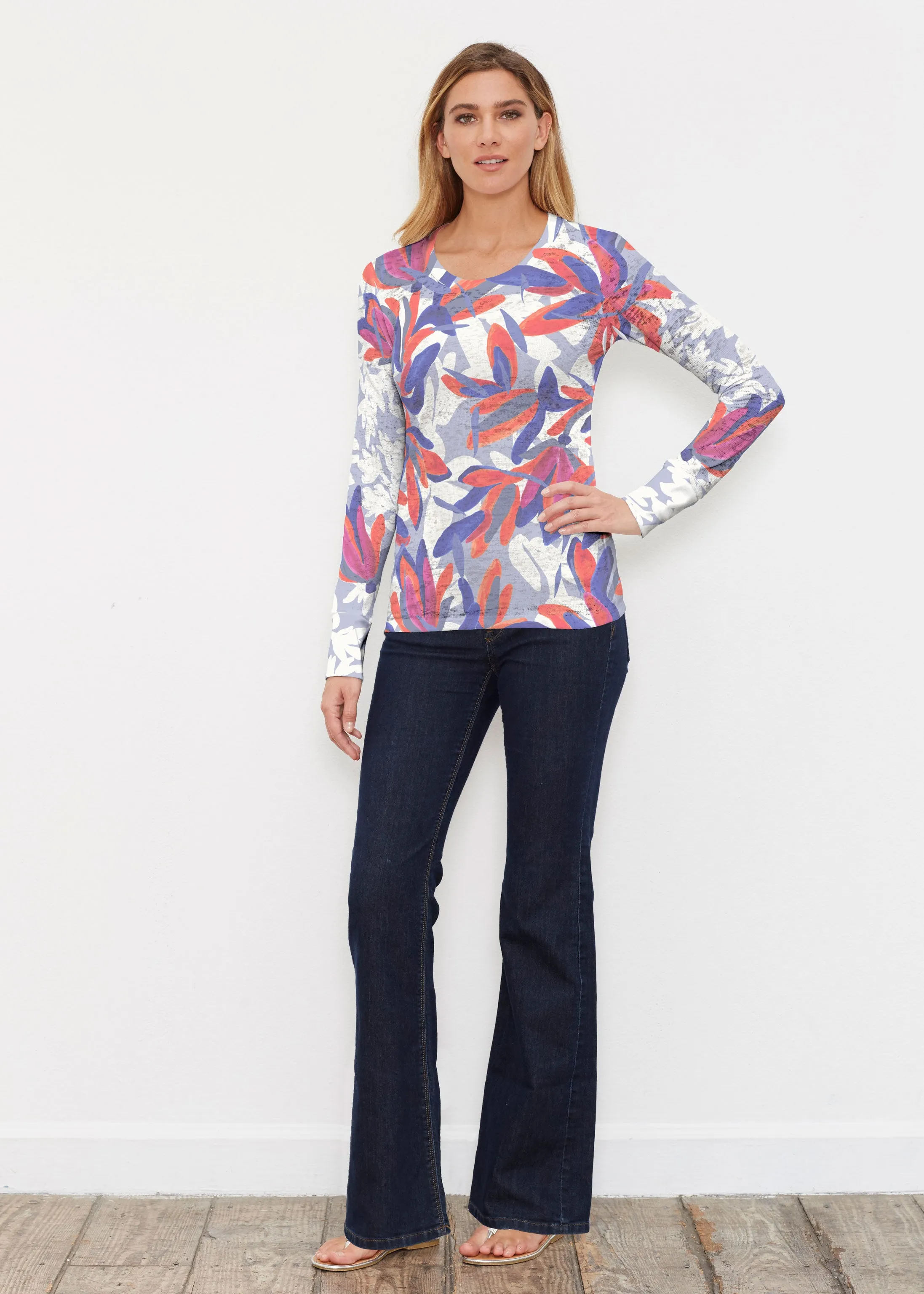 Colorful Palm Blue (7901) ~ Thermal Long Sleeve Crew Shirt