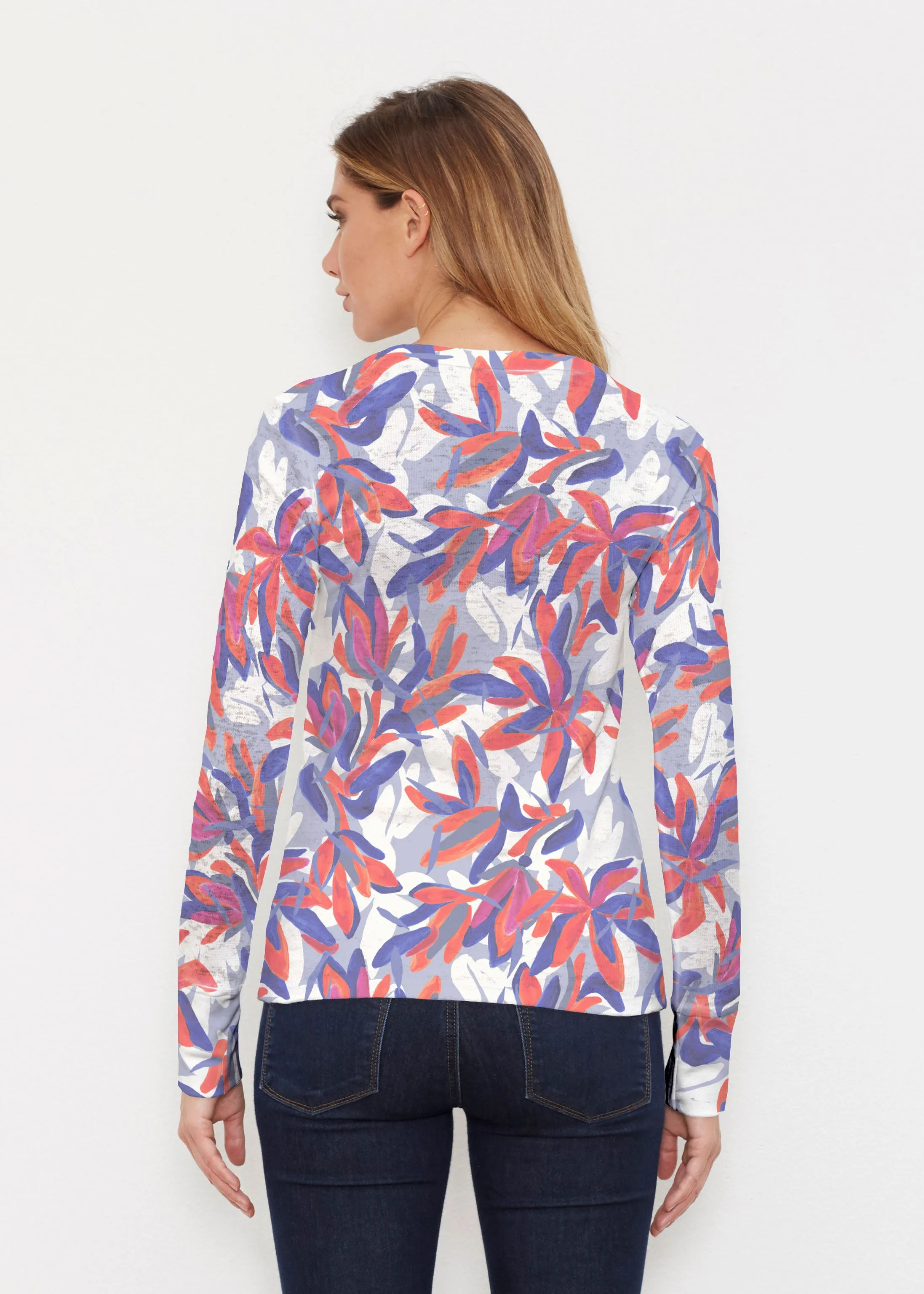 Colorful Palm Blue (7901) ~ Thermal Long Sleeve Crew Shirt