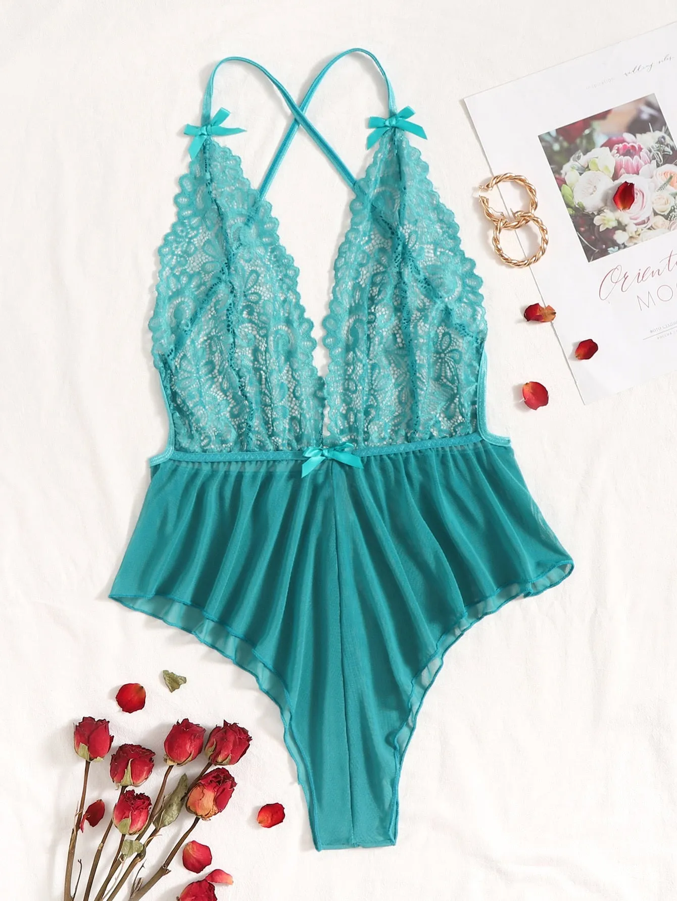 Contrast Lace Sheer Mesh Backless Cross Teddy Bodysuit