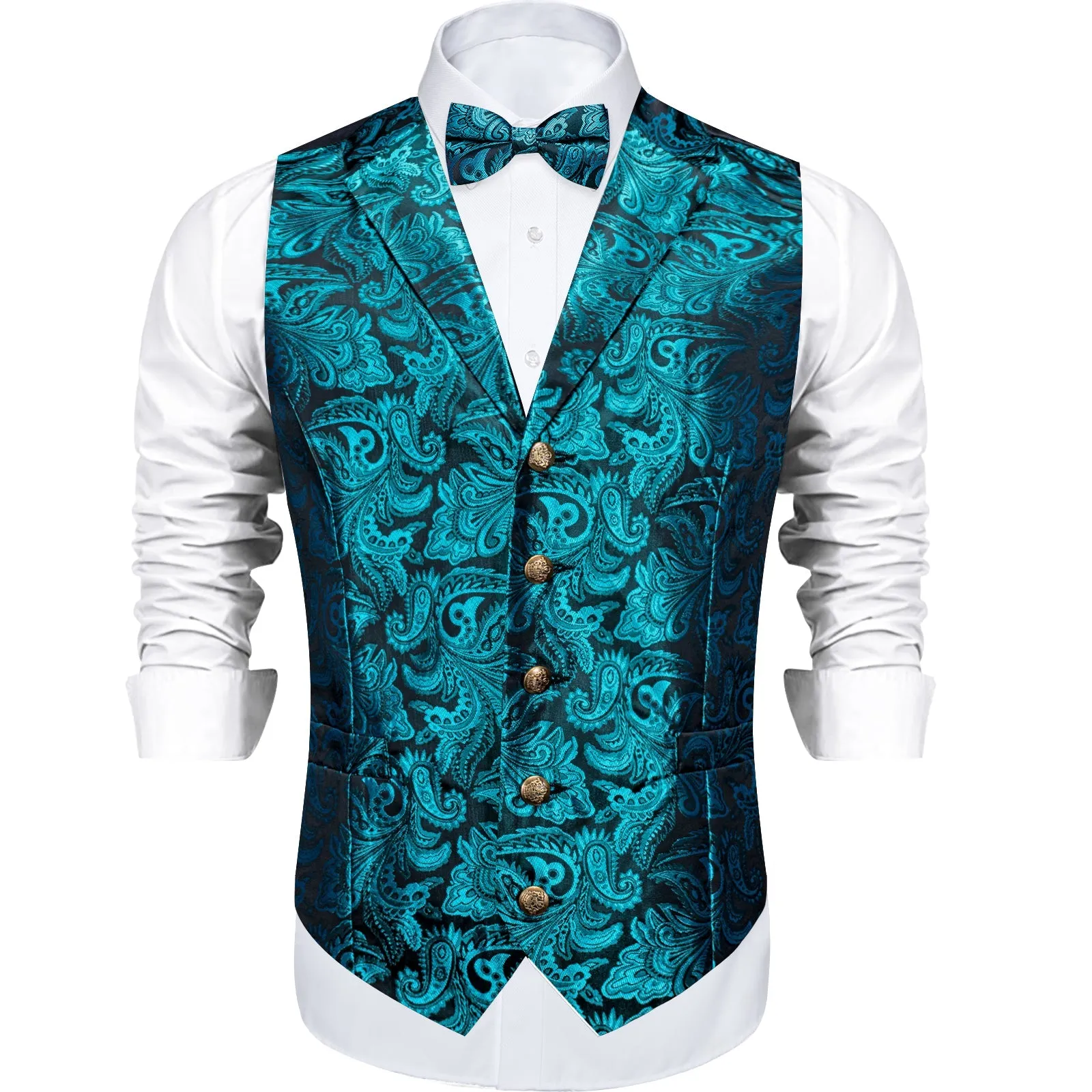 Lake Blue Paisley Silk Men's Collar Vest Bow Tie Handkerchief Cufflinks Set Waistcoat Suit Set