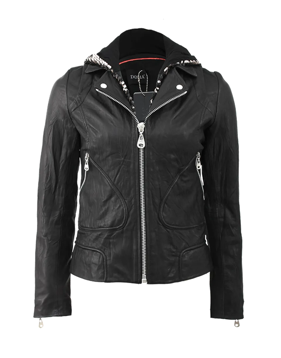 Leather Jacket With Sequin Hood