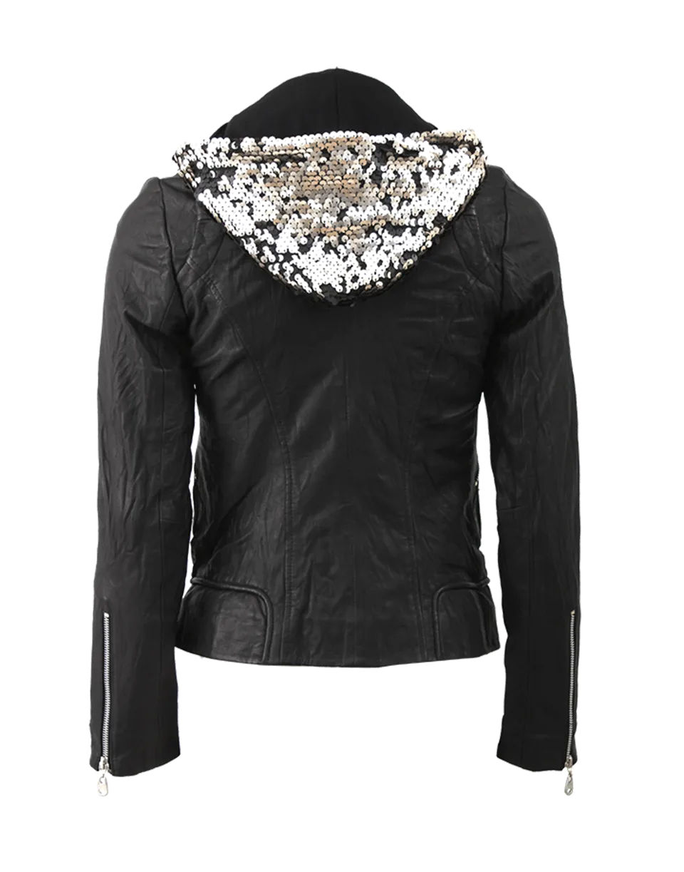 Leather Jacket With Sequin Hood