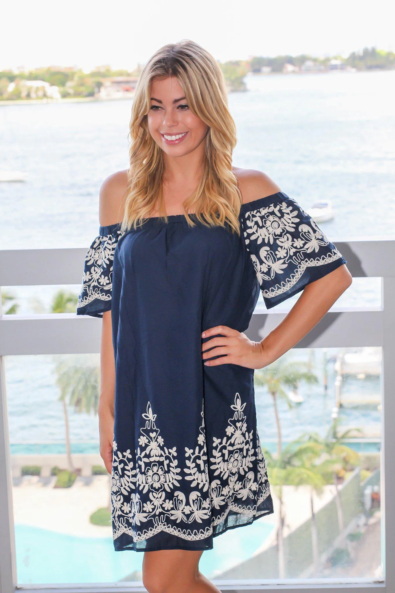 Navy Off Shoulder Short Dress with Embroidery