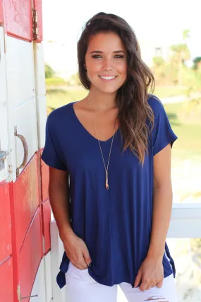Navy Short Sleeve V-Neck Top