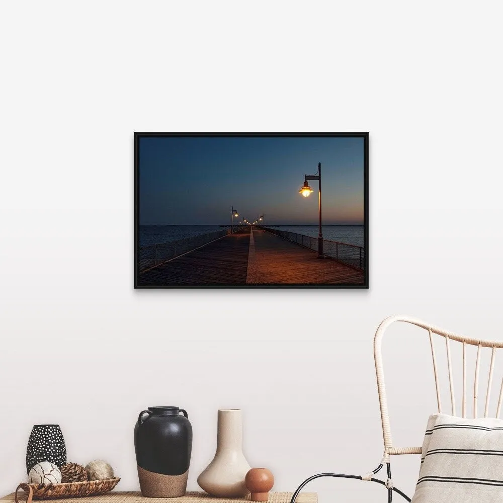 "Boardwalk pier at night" Black Float Frame Canvas Art