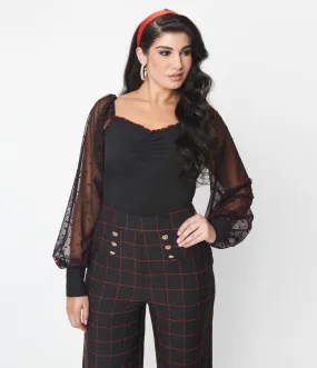 Unique Vintage Black & Red Flocked Hearts Sleeve Bodysuit