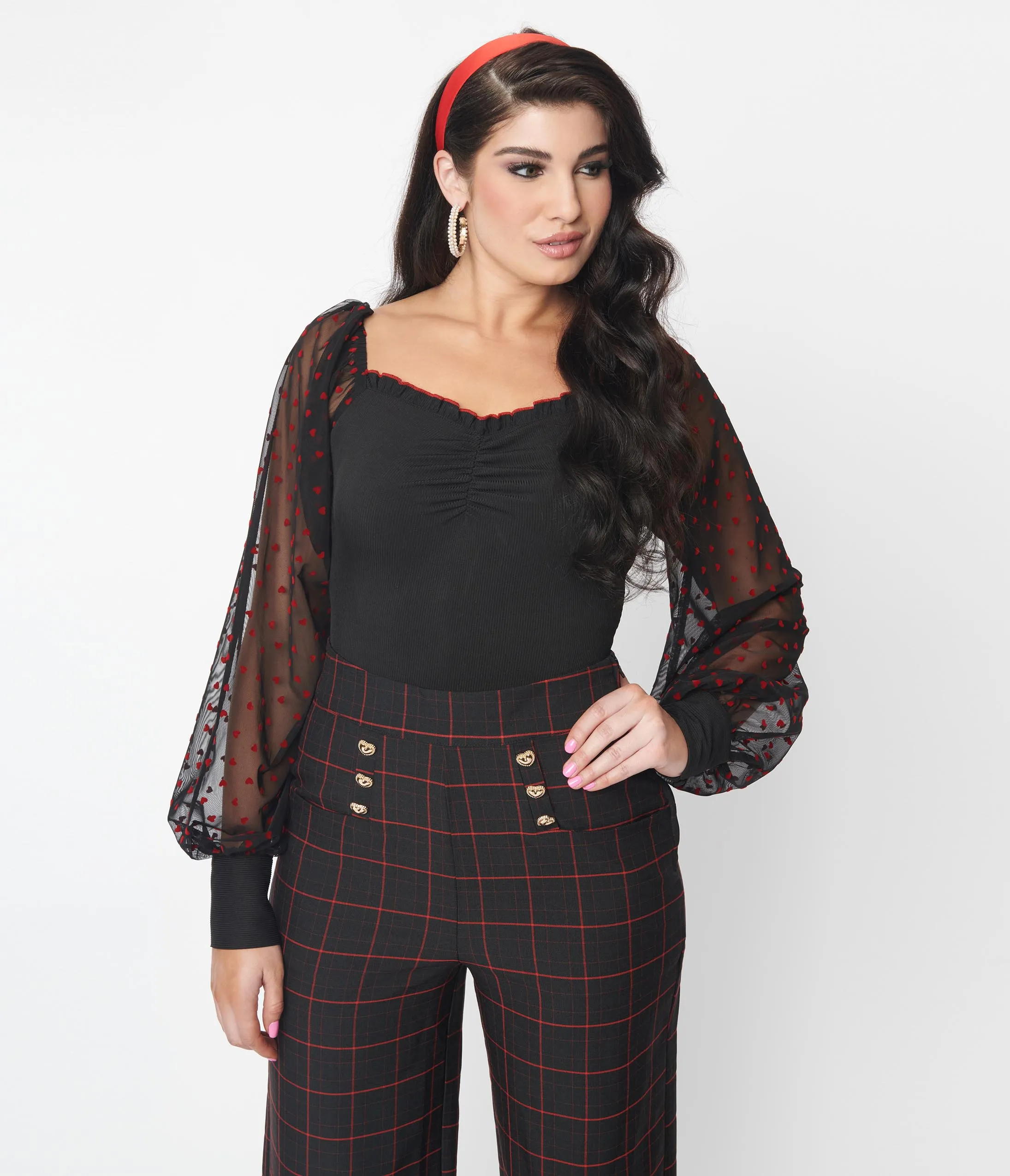 Unique Vintage Black & Red Flocked Hearts Sleeve Bodysuit