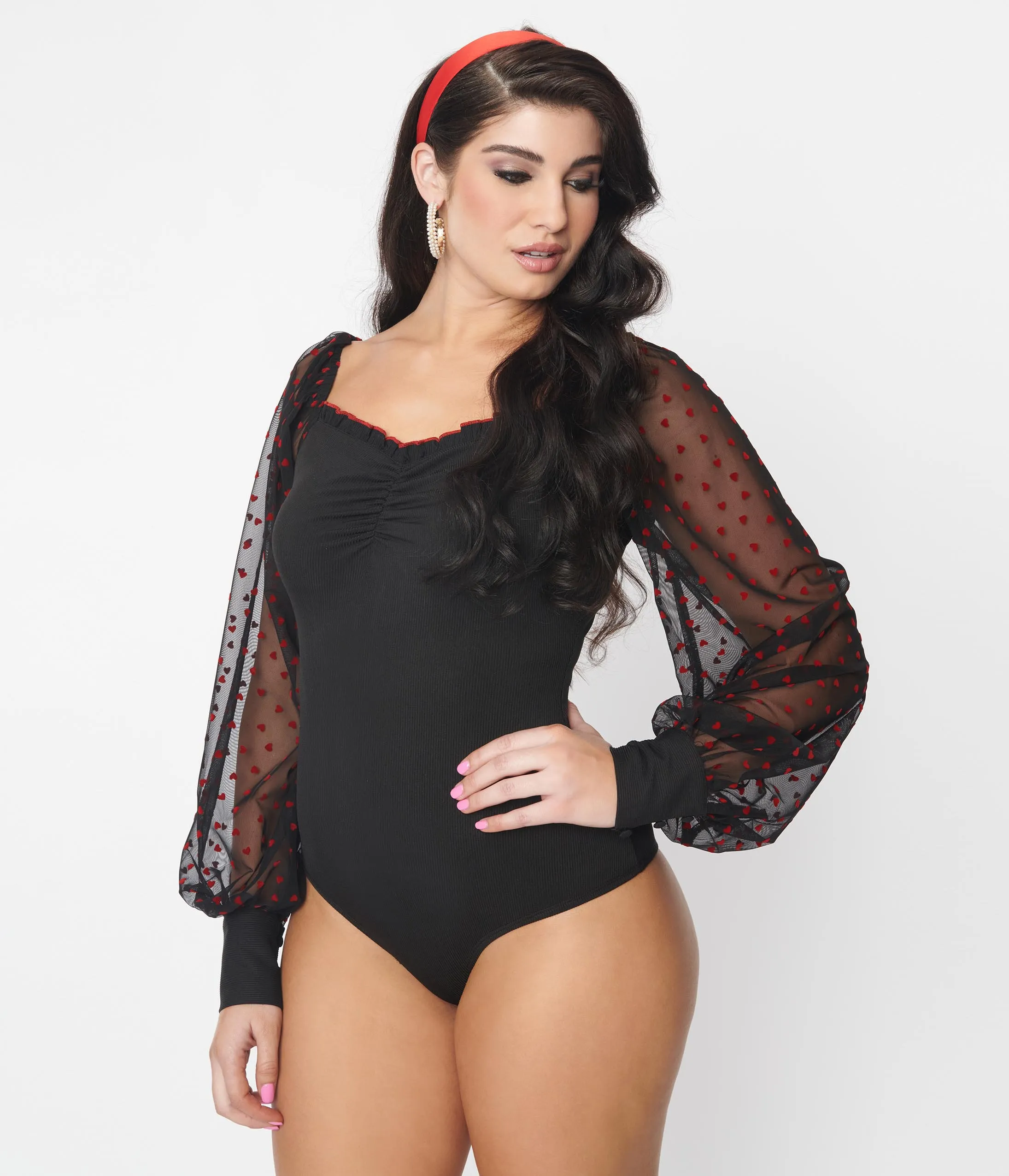 Unique Vintage Black & Red Flocked Hearts Sleeve Bodysuit
