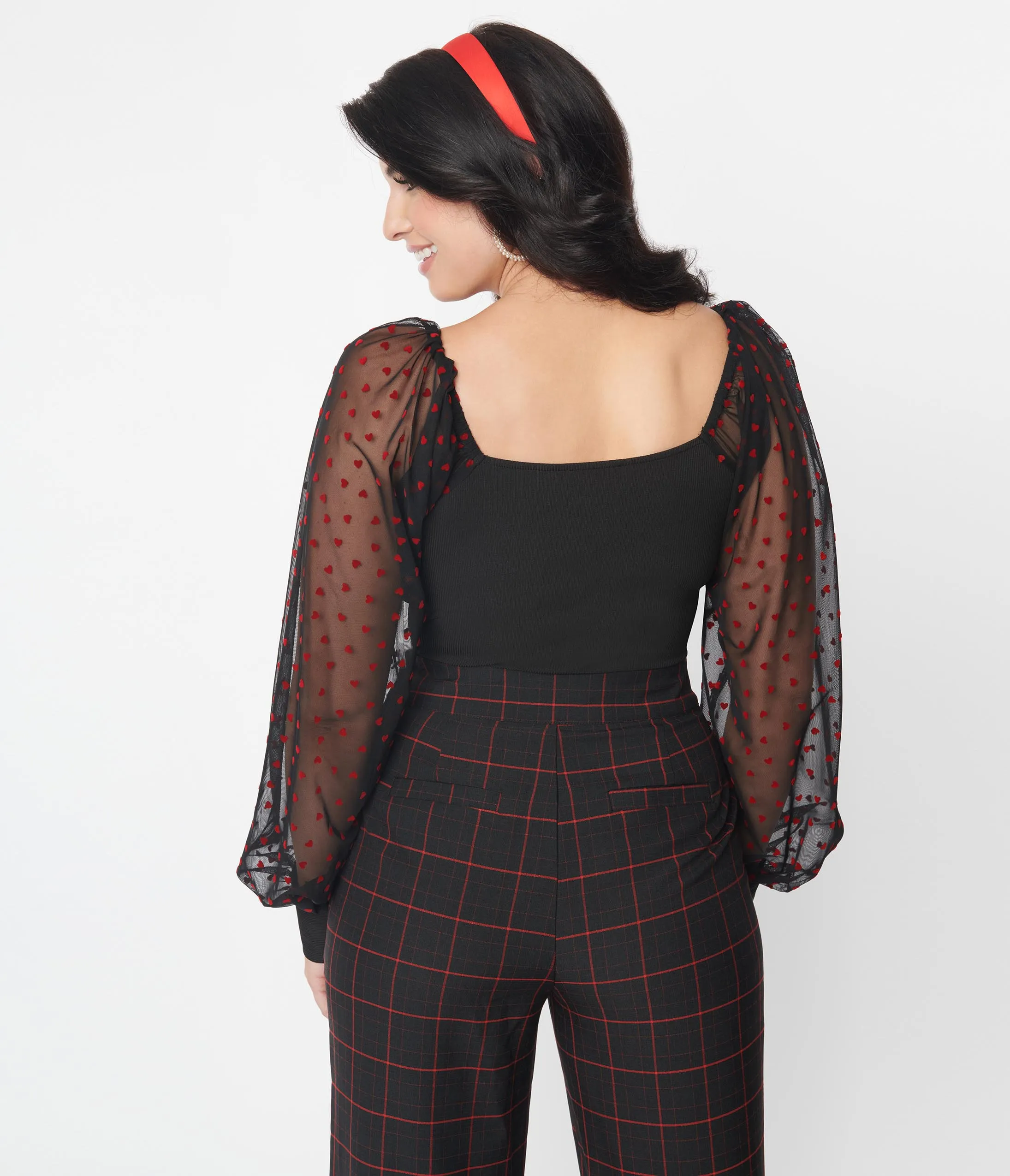 Unique Vintage Black & Red Flocked Hearts Sleeve Bodysuit