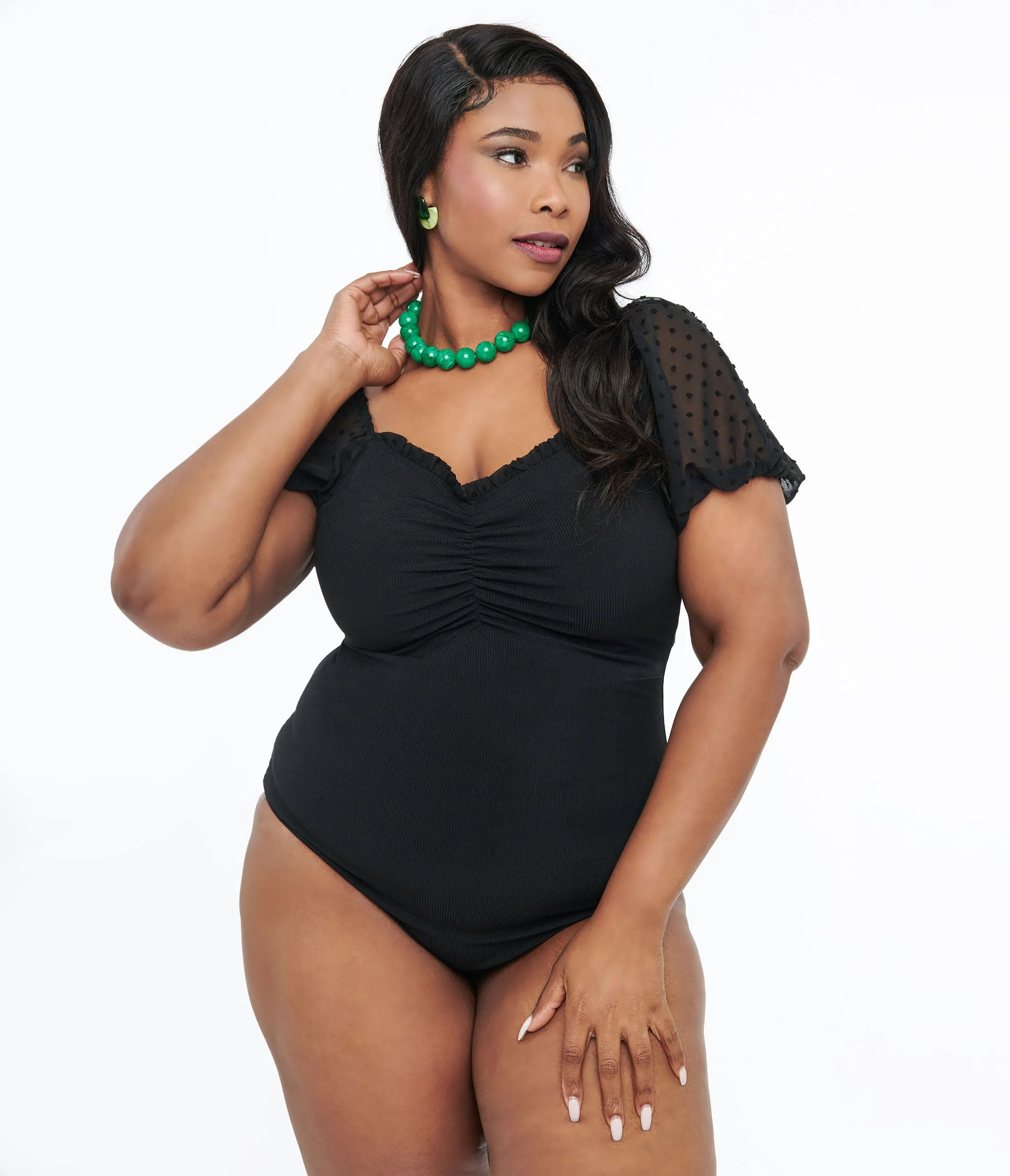 Unique Vintage Plus Size Black Clip Dot Chiffon Puff Sleeve Bodysuit
