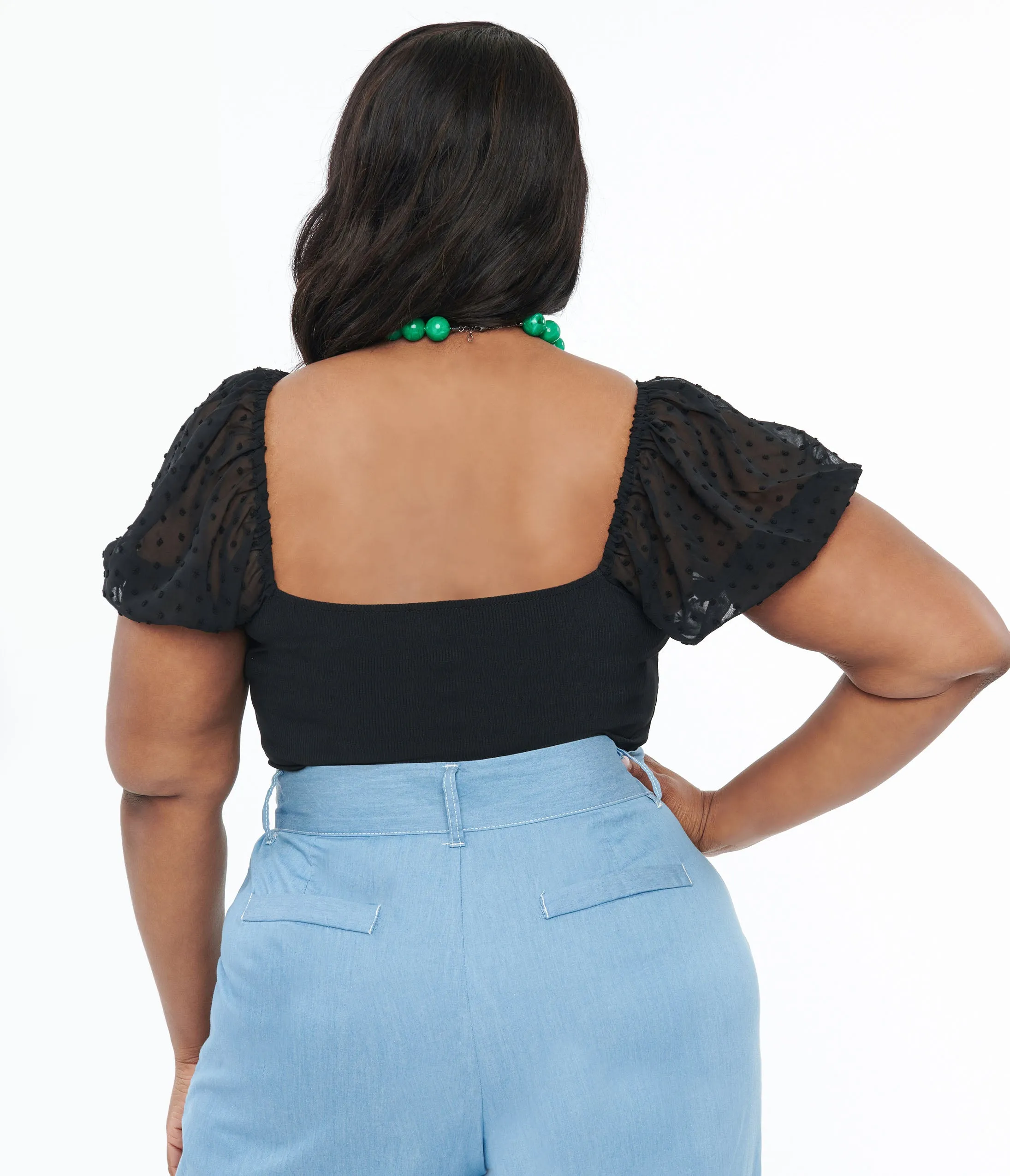 Unique Vintage Plus Size Black Clip Dot Chiffon Puff Sleeve Bodysuit